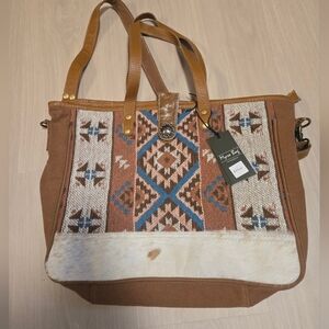Myra Bag Tan and Blue Geometric Travel Bag
